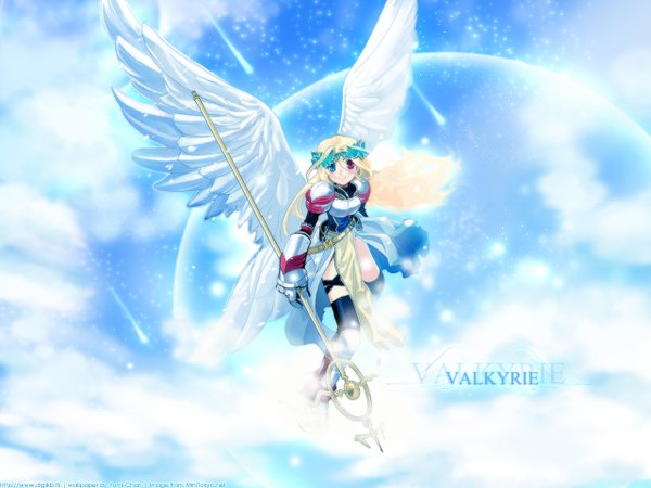 Anime picture 1280x960 with ragnarok online heterochromia blue background valkyrie wings staff milktea