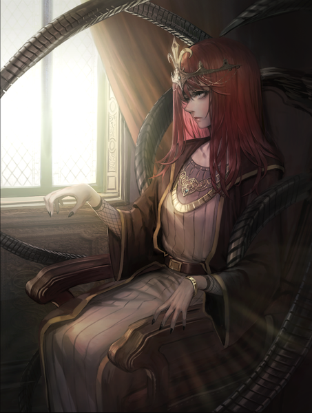 Anime picture 1860x2459 with original usukuchi (impasto life) single long hair tall image highres sitting brown eyes looking away red hair nail polish profile arm up girl dress hair ornament bracelet window crown