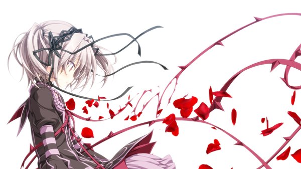 Anime-Bild 1280x720 mit hapymaher purple software naitou maia koku single short hair simple background red eyes wide image white background twintails looking away silver hair profile grey hair goth-loli girl dress ribbon (ribbons) hair ribbon
