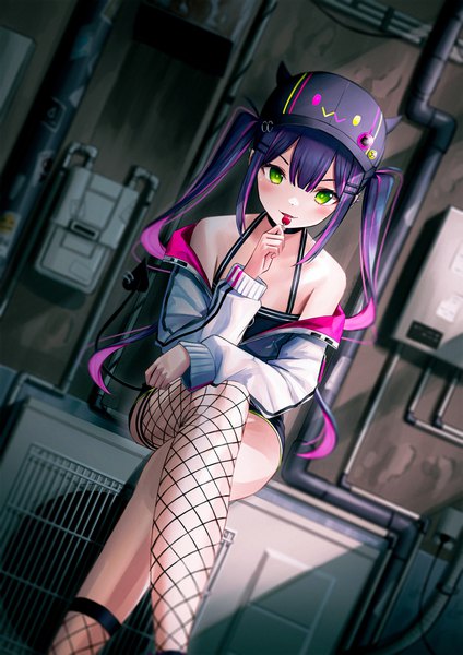 Anime picture 1488x2105 with virtual youtuber hololive tokoyami towa tokoyami towa (1st costume) ebiri fy single long hair tall image looking at viewer blush fringe smile sitting green eyes payot purple hair tail blunt bangs multicolored hair off shoulder