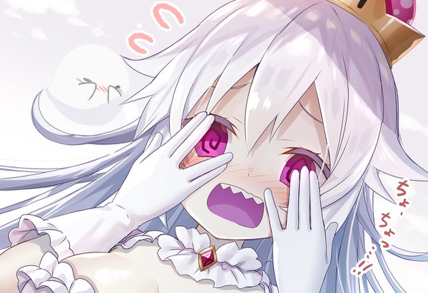 Anime-Bild 1200x825 mit super mario bros. new super mario bros. u deluxe princess king boo boo (mario) yano mitsuki single long hair blush fringe open mouth hair between eyes purple eyes silver hair teeth embarrassed text covering sharp teeth flying sweatdrops covering face