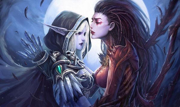 Anime picture 1920x1150 with world of warcraft starcraft blizzard entertainment sylvanas windrunner sarah kerrigan long hair highres blonde hair red eyes wide image multiple girls eyes closed lips pointy ears realistic night couple elf pale skin eyeshadow