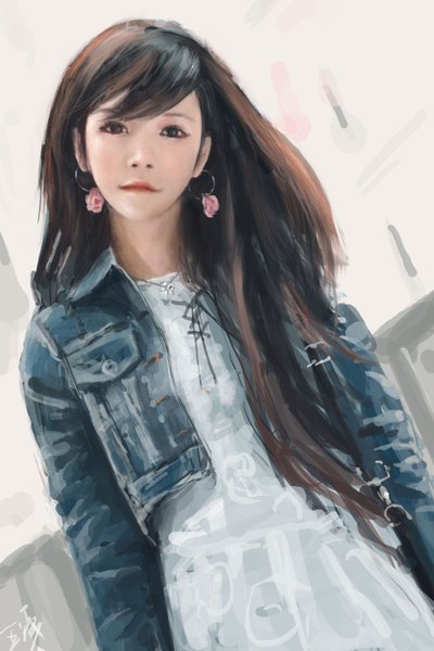 Anime picture 2000x3000 with original wlop single long hair tall image looking at viewer fringe highres brown hair brown eyes signed outdoors head tilt lips realistic open clothes open jacket lipstick makeup denim
