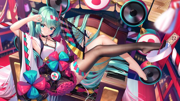 Anime picture 2560x1441 with vocaloid magical mirai (vocaloid) hatsune miku magical mirai miku magical mirai miku (2020 summer) meion single looking at viewer blush fringe highres breasts smile wide image twintails holding payot pink hair cleavage full body