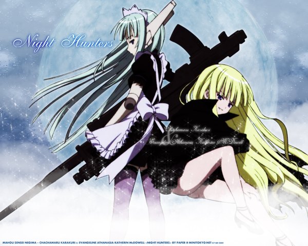 Anime picture 1280x1024 with mahou sensei negima! evangeline a k mcdowell karakuri chachamaru light erotic blonde hair very long hair aqua hair maid vampire gun moon