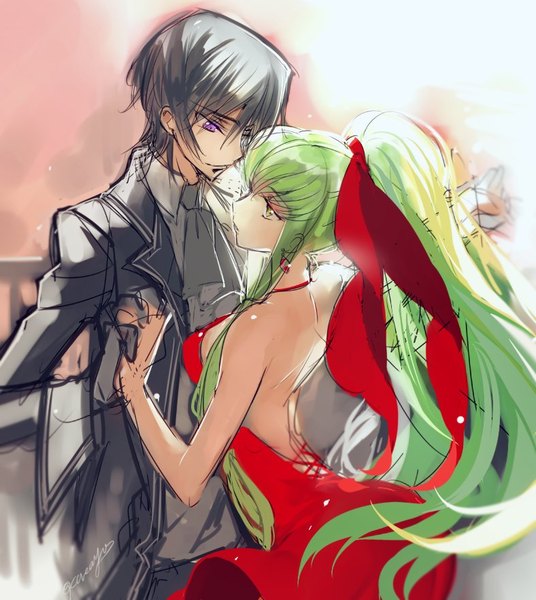 Anime picture 788x882 with code geass sunrise (studio) c.c. lelouch lamperouge creayus long hair tall image fringe short hair black hair smile hair between eyes standing purple eyes bare shoulders yellow eyes ponytail green hair sleeveless couple