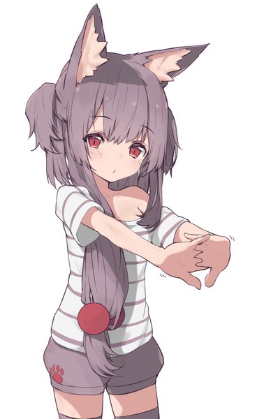 Anime picture 673x1096 with original paryi single long hair tall image looking at viewer blush fringe simple background hair between eyes red eyes standing white background animal ears purple hair head tilt cat ears off shoulder short sleeves striped