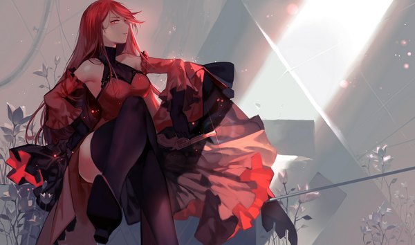 Anime picture 1920x1134 with original pixiv fantasia pixiv fantasia t joseph lee single long hair looking at viewer highres red eyes wide image sitting red hair high heels crossed legs revision girl thighhighs dress flower (flowers) weapon