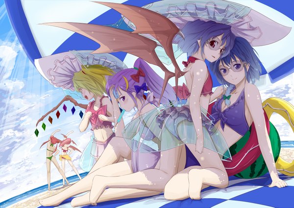 Anime picture 1920x1357 with touhou flandre scarlet remilia scarlet izayoi sakuya patchouli knowledge hong meiling koakuma gustav (telomere na) highres light erotic multiple girls beach 6+ girls 6 girls girl swimsuit