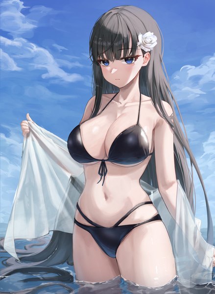 Anime picture 3971x5429 with original moko (jw7436) single tall image looking at viewer fringe highres breasts blue eyes light erotic black hair large breasts standing absurdres sky cleavage cloud (clouds) outdoors blunt bangs very long hair