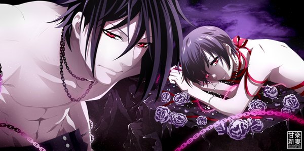 Anime picture 4092x2039 with kuroshitsuji a-1 pictures sebastian michaelis ciel phantomhive crossingxboundaries highres red eyes wide image absurdres purple hair topless rock boy flower (flowers) ribbon (ribbons) rose (roses) chain