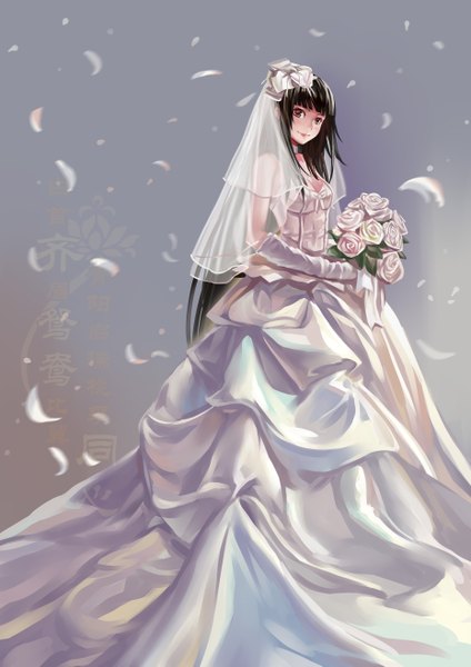 Anime picture 3720x5260 with original xiamianliele (artist) single long hair tall image highres black hair smile brown eyes absurdres girl dress gloves flower (flowers) petals elbow gloves bouquet wedding dress wedding veil bride