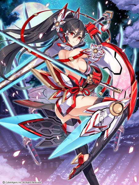 Anime picture 1000x1330 with original 2d (artist) single long hair tall image blush light erotic black hair red eyes bare shoulders holding sky cloud (clouds) ponytail cherry blossoms dual wielding mecha musume girl weapon plant (plants)