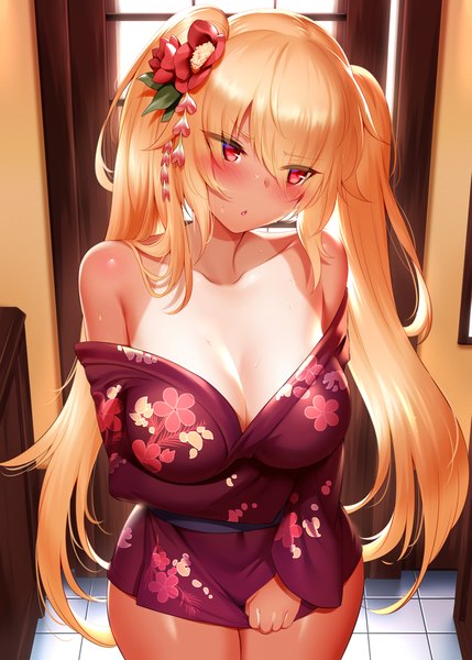 Anime picture 2500x3500 with original hiyake-chan mdastarou single long hair tall image blush fringe highres breasts open mouth light erotic blonde hair hair between eyes red eyes large breasts standing twintails bare shoulders looking away