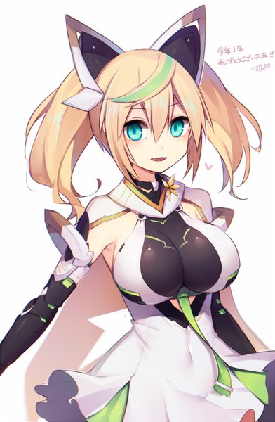 Anime picture 556x850 with phantasy star phantasy star online 2 sega gene (pso2) muryotaro single long hair tall image looking at viewer blush fringe breasts open mouth light erotic simple background blonde hair hair between eyes large breasts white background bare shoulders