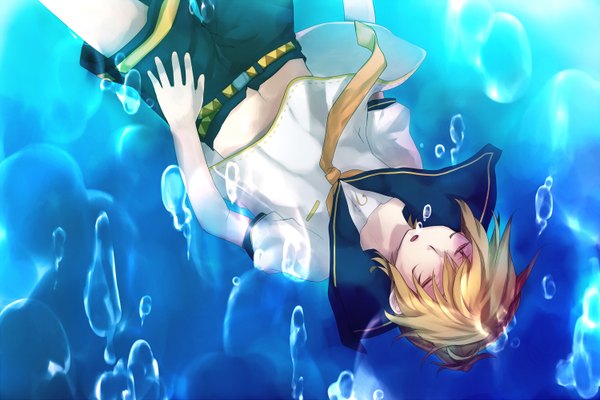 Anime picture 1500x1002 with vocaloid kagamine len mukkun short hair blonde hair eyes closed underwater boy shorts bubble (bubbles) sailor suit