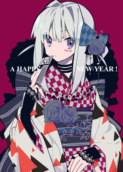 Anime-Bild 2862x3997 mit original mochizuki kei single long hair tall image looking at viewer fringe highres blue eyes simple background hair between eyes standing payot silver hair nail polish traditional clothes japanese clothes fingernails wide sleeves pink background