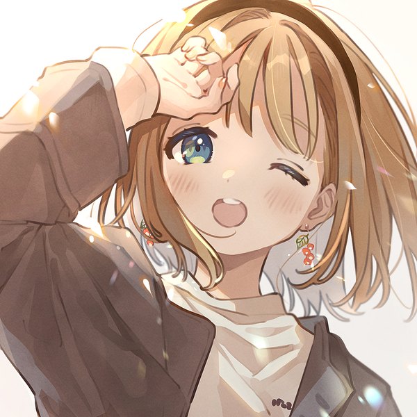 Anime picture 1250x1250 with original mameyanagi single looking at viewer blush short hair open mouth blue eyes brown hair one eye closed teeth hand on head ;d girl earrings headband