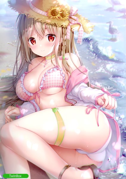 Anime picture 2083x2958 with original melonbooks maeda shiori sousouman single long hair tall image looking at viewer blush fringe highres breasts light erotic smile hair between eyes red eyes brown hair large breasts signed outdoors