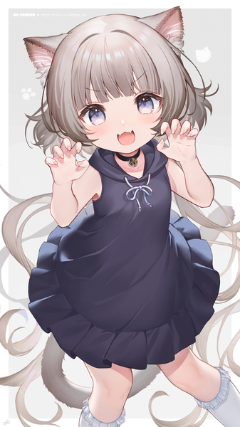 Anime picture 864x1536 with original oli single tall image looking at viewer blush fringe open mouth blue eyes simple background standing signed animal ears tail blunt bangs very long hair :d animal tail grey hair cat ears