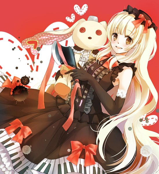 Anime picture 981x1071 with vocaloid mayu (vocaloid) usano mimi izumil single long hair tall image looking at viewer open mouth brown eyes white hair girl dress gloves bow ribbon (ribbons) weapon black gloves elbow gloves toy