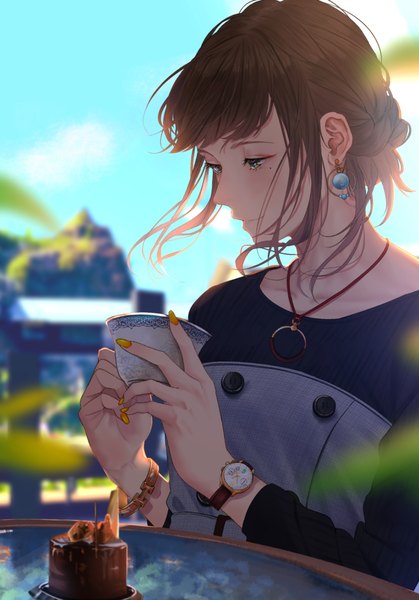 Anime picture 910x1303 with original saitou (lynx-shrike) single tall image fringe short hair smile brown hair holding brown eyes payot sky upper body outdoors blunt bangs nail polish wind blurry mole depth of field