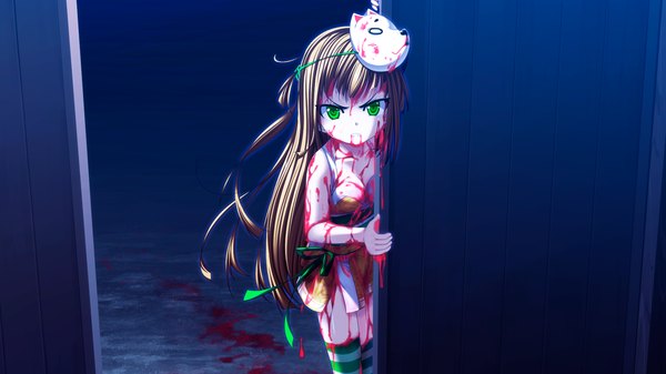 Anime picture 1280x720 with chusingura46+1 tagme (character) nui (artist) single long hair looking at viewer blonde hair wide image bare shoulders green eyes game cg angry mask on head girl thighhighs ribbon (ribbons) blood mask fox mask