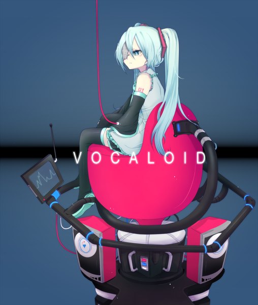 Anime picture 1200x1417 with vocaloid hatsune miku momoshiki tsubaki single long hair tall image sitting twintails bare shoulders aqua eyes aqua hair inscription bandage over one eye girl thighhighs detached sleeves wire (wires) speakers