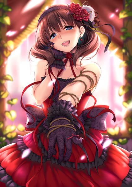 Anime picture 1003x1417 with idolmaster idolmaster cinderella girls idolmaster cinderella girls starlight stage sakuma mayu piromizu single long hair tall image looking at viewer blush fringe open mouth blue eyes hair between eyes brown hair standing bare shoulders head tilt hair flower teeth