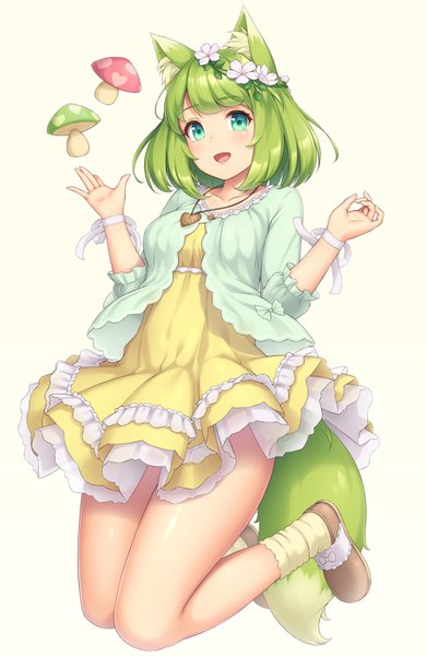 Anime picture 910x1400 with original sasaame single tall image looking at viewer blush fringe breasts open mouth simple background smile animal ears full body tail :d animal tail aqua eyes green hair fox ears fox tail