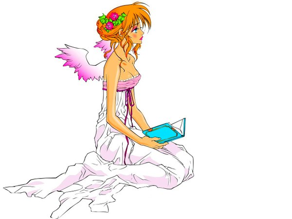 Anime picture 1333x1000 with princess ai blue eyes simple background white background sitting profile hair flower orange hair lipstick kneeling dark skin wavy hair eyeshadow girl dress hair ornament flower (flowers) wings book (books)