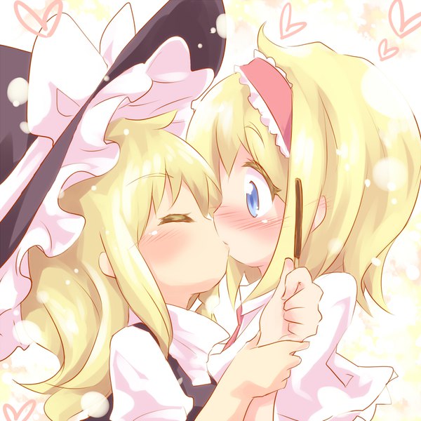 Anime picture 1111x1111 with touhou kirisame marisa alice margatroid ayakashi (monkeypanch) long hair blush fringe short hair blue eyes blonde hair multiple girls braid (braids) eyes closed profile puffy sleeves lens flare single braid shoujo ai kiss witch