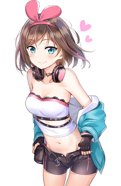 Anime picture 1939x2990 with virtual youtuber a.i. channel kizuna ai kizuna ai (a.i. games) nyung single tall image looking at viewer blush fringe highres short hair breasts light erotic simple background smile hair between eyes brown hair standing white background
