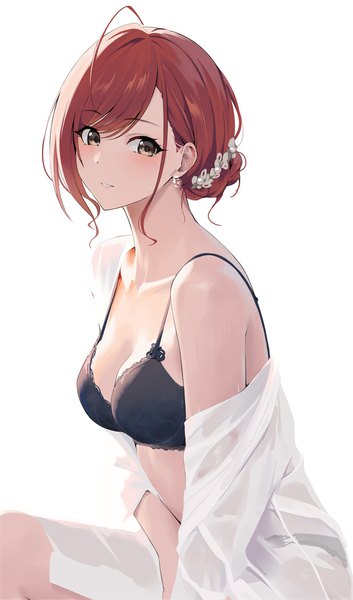 Anime picture 818x1389 with idolmaster idolmaster shiny colors arisugawa natsuha gin00 single tall image looking at viewer blush fringe short hair light erotic simple background hair between eyes white background sitting brown eyes payot ahoge red hair parted lips