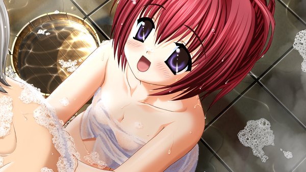 Anime picture 1280x720 with tomodachi ijou koibito miman studio mebius blush short hair open mouth light erotic wide image purple eyes game cg red hair naked towel girl towel