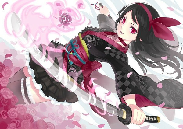 Anime picture 990x700 with original k+ single long hair looking at viewer fringe black hair standing pleated skirt pink eyes wind spread arms girl thighhighs skirt flower (flowers) weapon black thighhighs petals sword