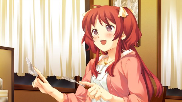 Anime picture 1280x720 with tsubasa o kudasai (game) long hair blush open mouth wide image brown eyes game cg red hair girl knife fork