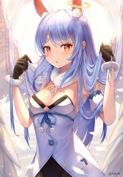 Anime picture 2444x3508 with virtual youtuber hololive usada pekora usada pekora (1st costume) dvdarts single long hair tall image looking at viewer highres light erotic signed animal ears yellow eyes blue hair cleavage :o bunny ears twitter username alternate hairstyle