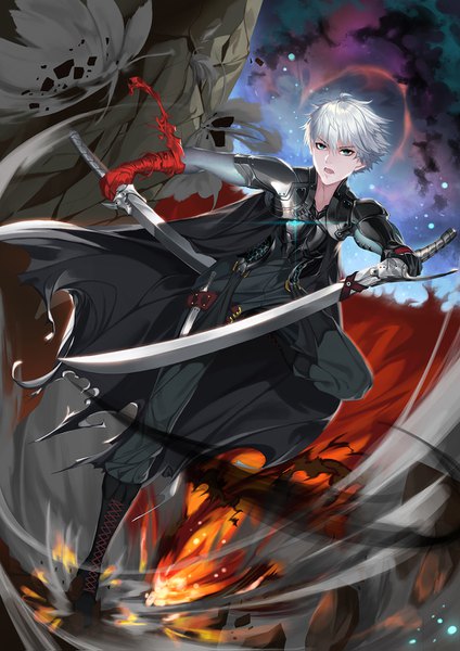 Anime picture 1000x1415 with original jjanda single tall image fringe short hair open mouth blue eyes hair between eyes standing holding looking away silver hair standing on one leg dual wielding boy weapon sword boots armor