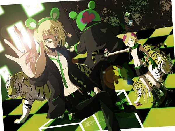 Anime picture 1067x800 with kuuchuu buranko toei animation irabu ichiro kanbayashi short hair blonde hair smile sitting bare shoulders green eyes animal ears from behind sunlight open clothes crossed legs multiple persona mouse ears mouse costume boy bow
