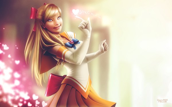 Anime picture 1920x1200 with bishoujo senshi sailor moon toei animation aino minako sailor venus lenadrofranci single long hair highres blue eyes blonde hair smile wide image signed realistic wallpaper girl gloves bow hair bow elbow gloves