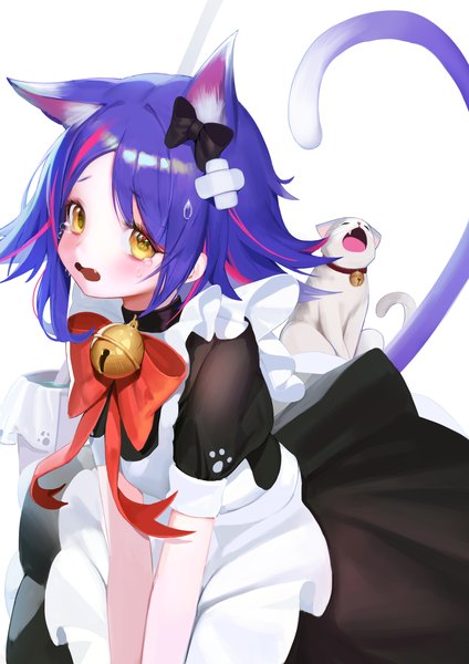 Anime picture 2480x3508 with league of legends neeko (league of legends) piapi01 single tall image blush highres short hair animal ears yellow eyes purple hair tail animal tail multicolored hair cat ears maid cat tail streaked hair tears sweatdrop