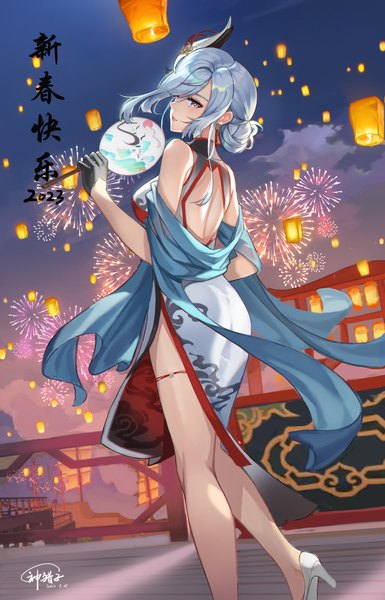 Anime picture 2327x3629 with genshin impact shenhe (genshin impact) god hunter single tall image looking at viewer highres short hair breasts light erotic smile bare shoulders signed silver hair cloud (clouds) full body traditional clothes night hair bun (hair buns) high heels