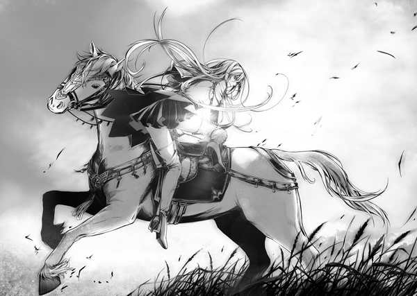 Anime picture 1280x911 with axis powers hetalia studio deen prussia (hetalia) zhong chen single long hair fringe simple background blonde hair sky wind monochrome riding girl skirt plant (plants) animal grass knee boots horse