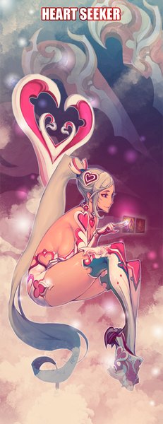 Anime picture 493x1280 with league of legends irelia (league of legends) dutomaster single tall image blue eyes light erotic white hair ponytail very long hair grey hair girl heart thigh boots