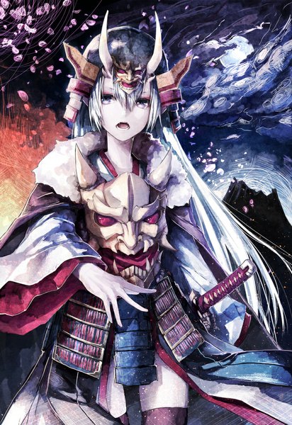 Anime picture 688x1000 with original yuuichi (4561643) tall image open mouth cloud (clouds) horn (horns) eyeshadow oni horns weapon petals sword katana fur mask