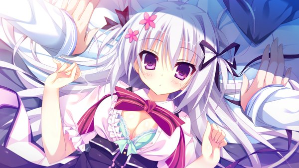 Anime picture 1500x844 with panical confusion hanabishi honoka shiromochi sakura long hair looking at viewer blush fringe breasts light erotic wide image purple eyes game cg silver hair lying two side up solo focus girl ribbon (ribbons) hair ribbon lingerie