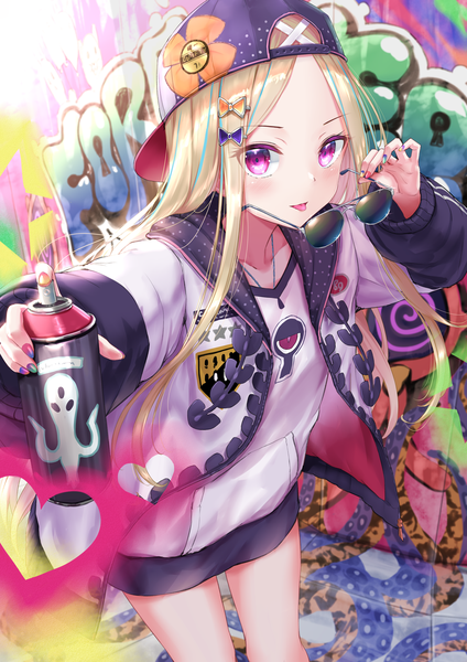 Anime picture 1050x1485 with fate (series) fate/grand order abigail williams (fate) kachayori single long hair tall image looking at viewer blush fringe blonde hair standing purple eyes holding payot long sleeves nail polish fingernails open jacket :o