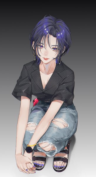 Anime picture 1772x3252 with original sinomi single tall image fringe highres short hair breasts black hair simple background hair between eyes blue hair looking away cleavage full body nail polish parted lips multicolored hair grey background two-tone hair