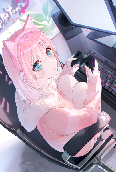 Anime picture 1036x1531 with original miwano rag single long hair tall image looking at viewer blush fringe blue eyes sitting holding pink hair indoors long sleeves from above fur trim turning head gradient hair playing games girls playing games